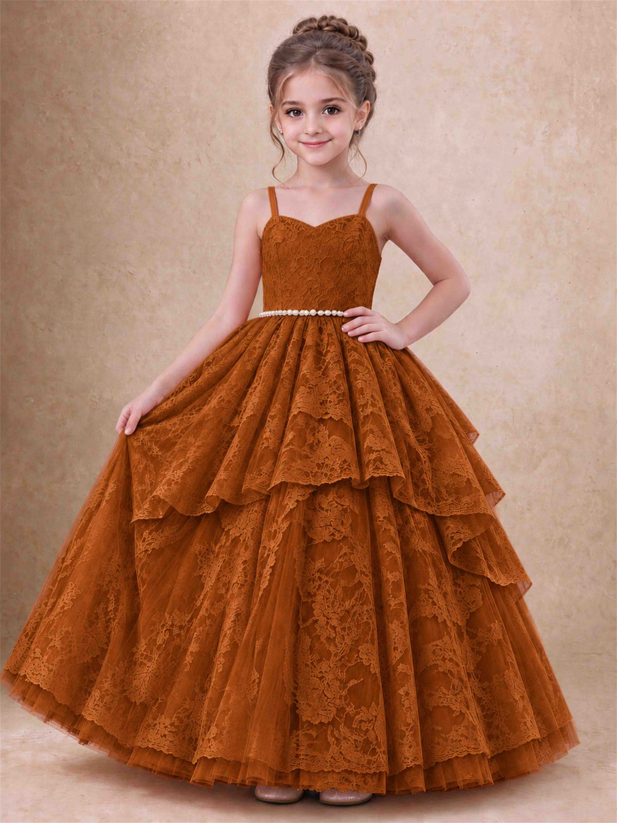 Spaghetti Strap Lace Girls Pageant Dress Tiered with Pearl Sash For Wedding Birthday Communion