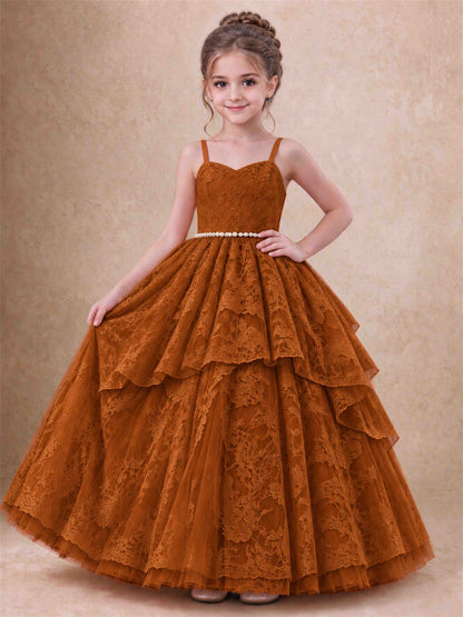 Spaghetti Strap Lace Girls Pageant Dress Tiered with Pearl Sash For Wedding Birthday Communion