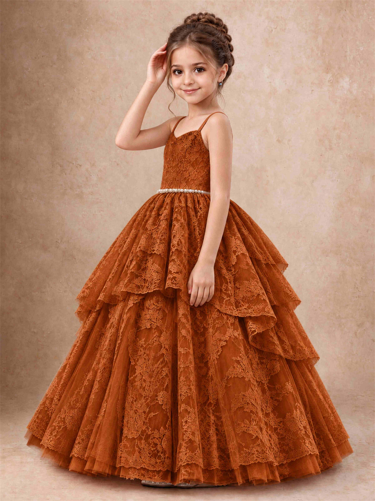 Spaghetti Strap Lace Girls Pageant Dress Tiered with Pearl Sash For Wedding Birthday Communion