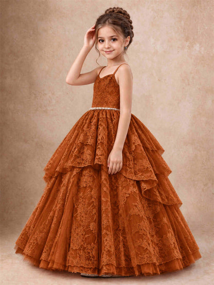 Spaghetti Strap Lace Girls Pageant Dress Tiered with Pearl Sash For Wedding Birthday Communion