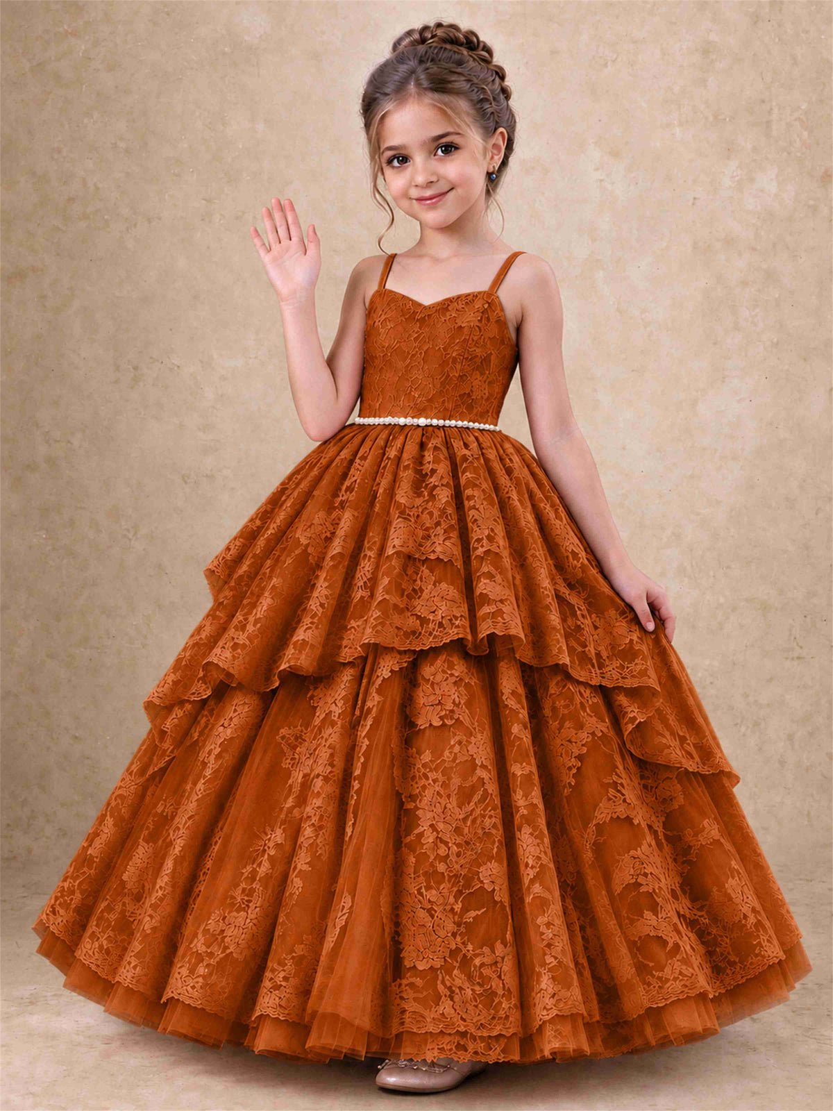Spaghetti Strap Lace Girls Pageant Dress Tiered with Pearl Sash For Wedding Birthday Communion