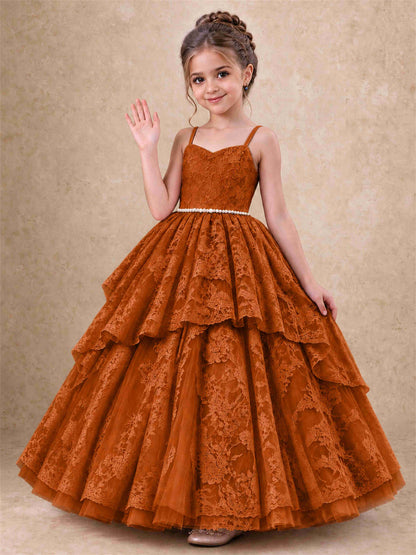 Spaghetti Strap Lace Girls Pageant Dress Tiered with Pearl Sash For Wedding Birthday Communion