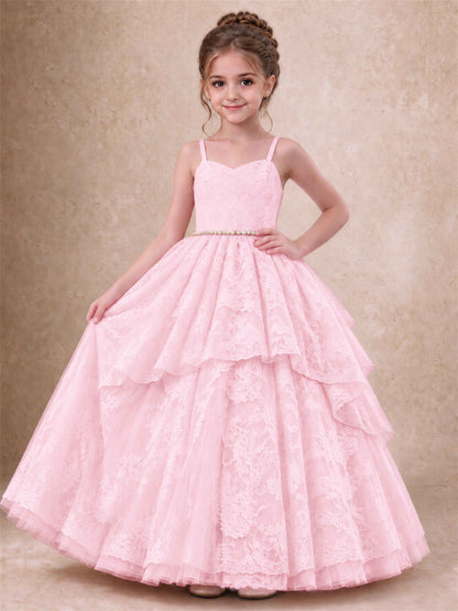 Spaghetti Strap Lace Girls Pageant Dress Tiered with Pearl Sash For Wedding Birthday Communion