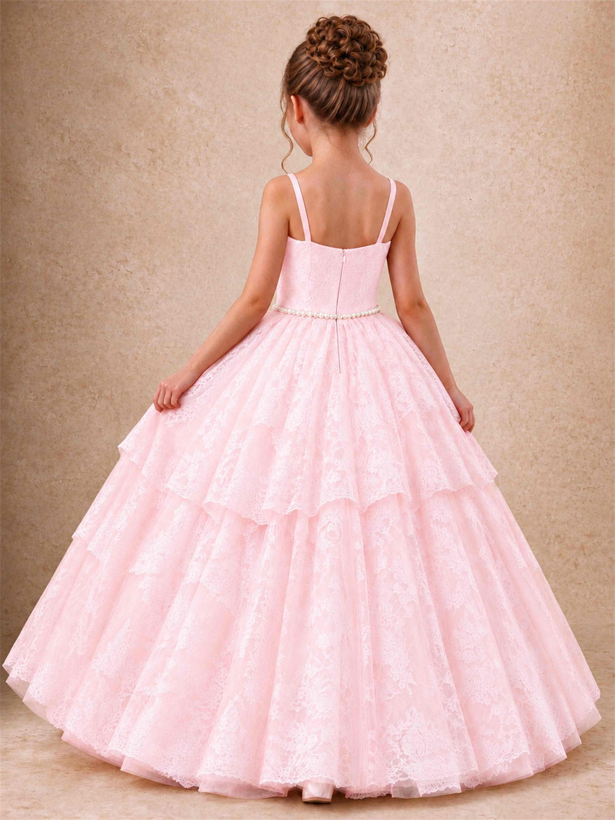 Spaghetti Strap Lace Girls Pageant Dress Tiered with Pearl Sash For Wedding Birthday Communion