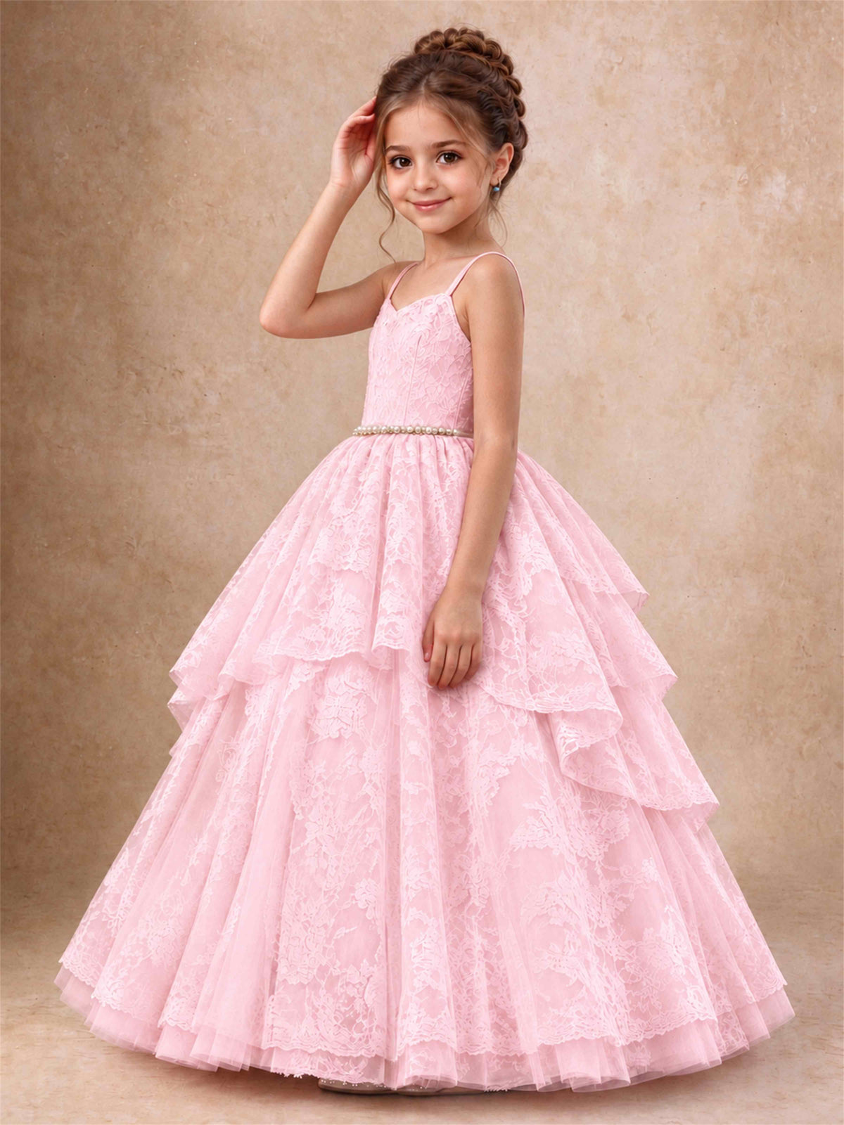Spaghetti Strap Lace Girls Pageant Dress Tiered with Pearl Sash For Wedding Birthday Communion