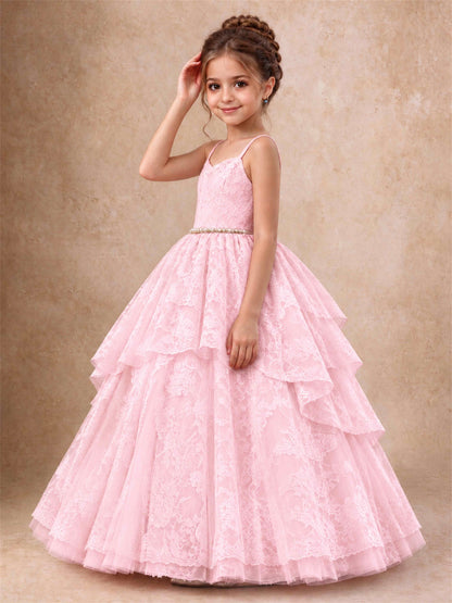 Spaghetti Strap Lace Girls Pageant Dress Tiered with Pearl Sash For Wedding Birthday Communion