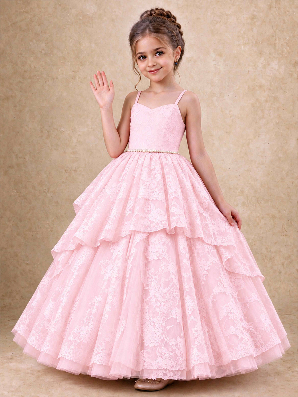 Spaghetti Strap Lace Girls Pageant Dress Tiered with Pearl Sash For Wedding Birthday Communion