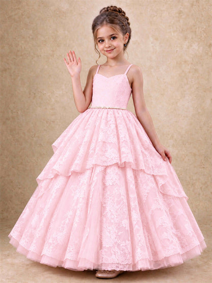 Spaghetti Strap Lace Girls Pageant Dress Tiered with Pearl Sash For Wedding Birthday Communion