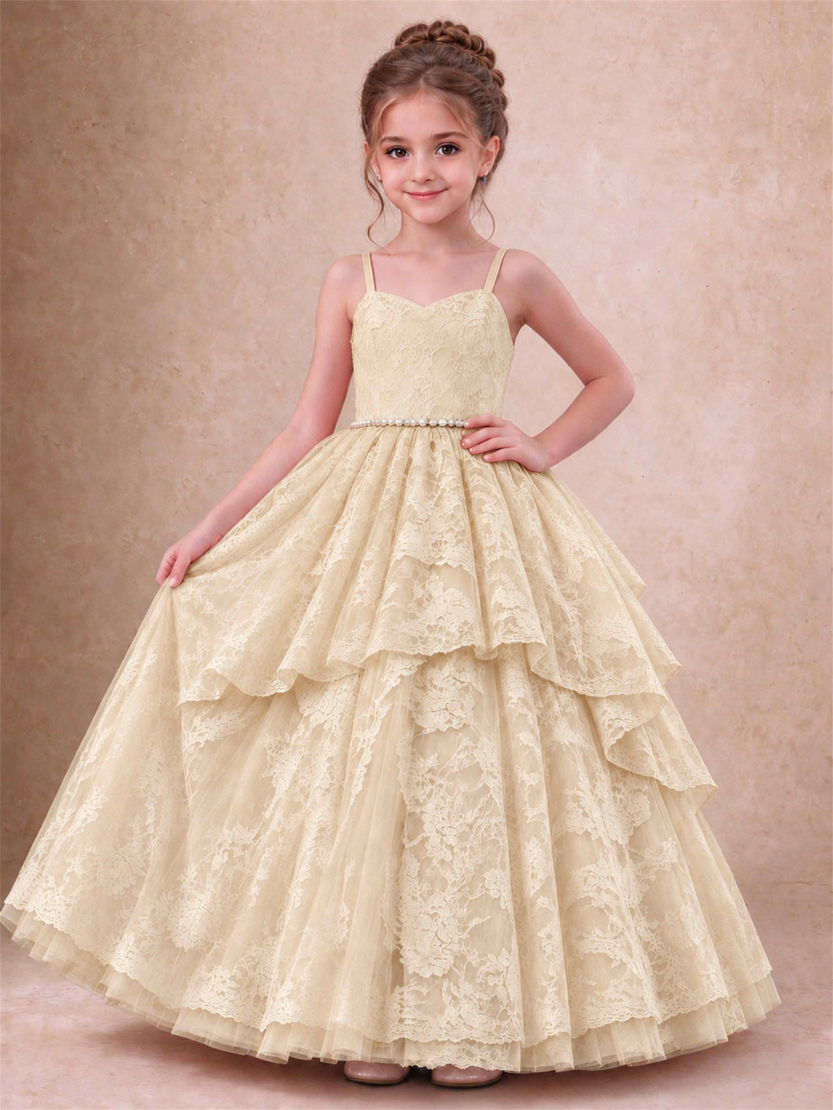 Spaghetti Strap Lace Girls Pageant Dress Tiered with Pearl Sash For Wedding Birthday Communion