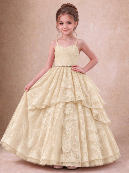 Spaghetti Strap Lace Girls Pageant Dress Tiered with Pearl Sash For Wedding Birthday Communion