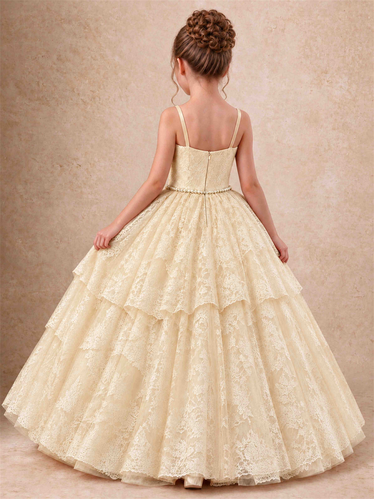 Spaghetti Strap Lace Girls Pageant Dress Tiered with Pearl Sash For Wedding Birthday Communion