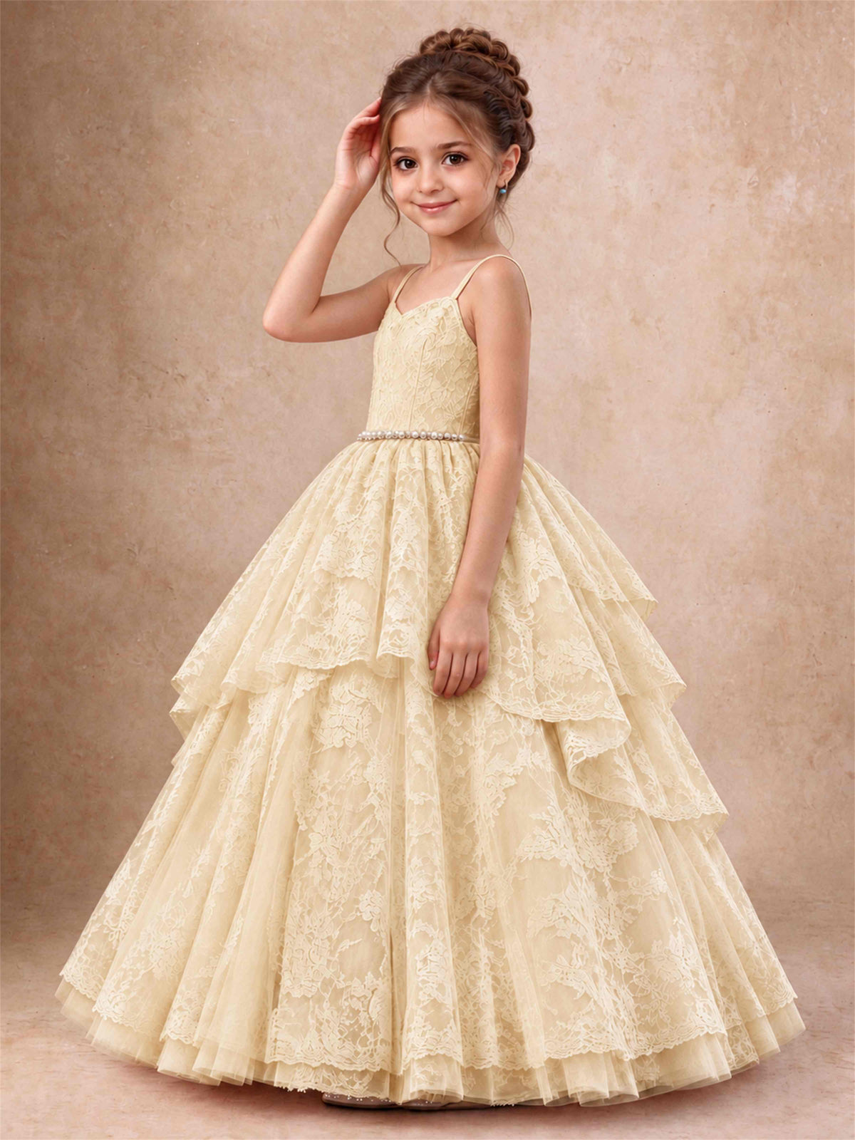Spaghetti Strap Lace Girls Pageant Dress Tiered with Pearl Sash For Wedding Birthday Communion