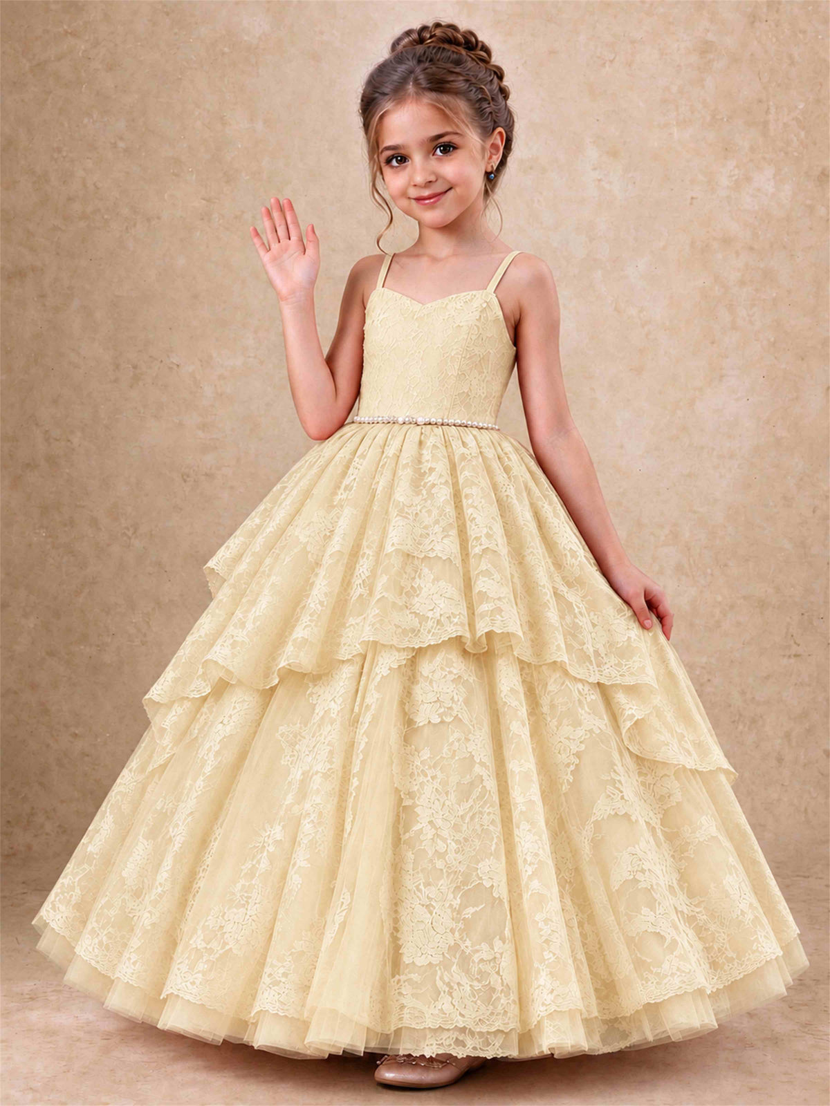 Spaghetti Strap Lace Girls Pageant Dress Tiered with Pearl Sash For Wedding Birthday Communion