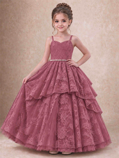 Spaghetti Strap Lace Girls Pageant Dress Tiered with Pearl Sash For Wedding Birthday Communion