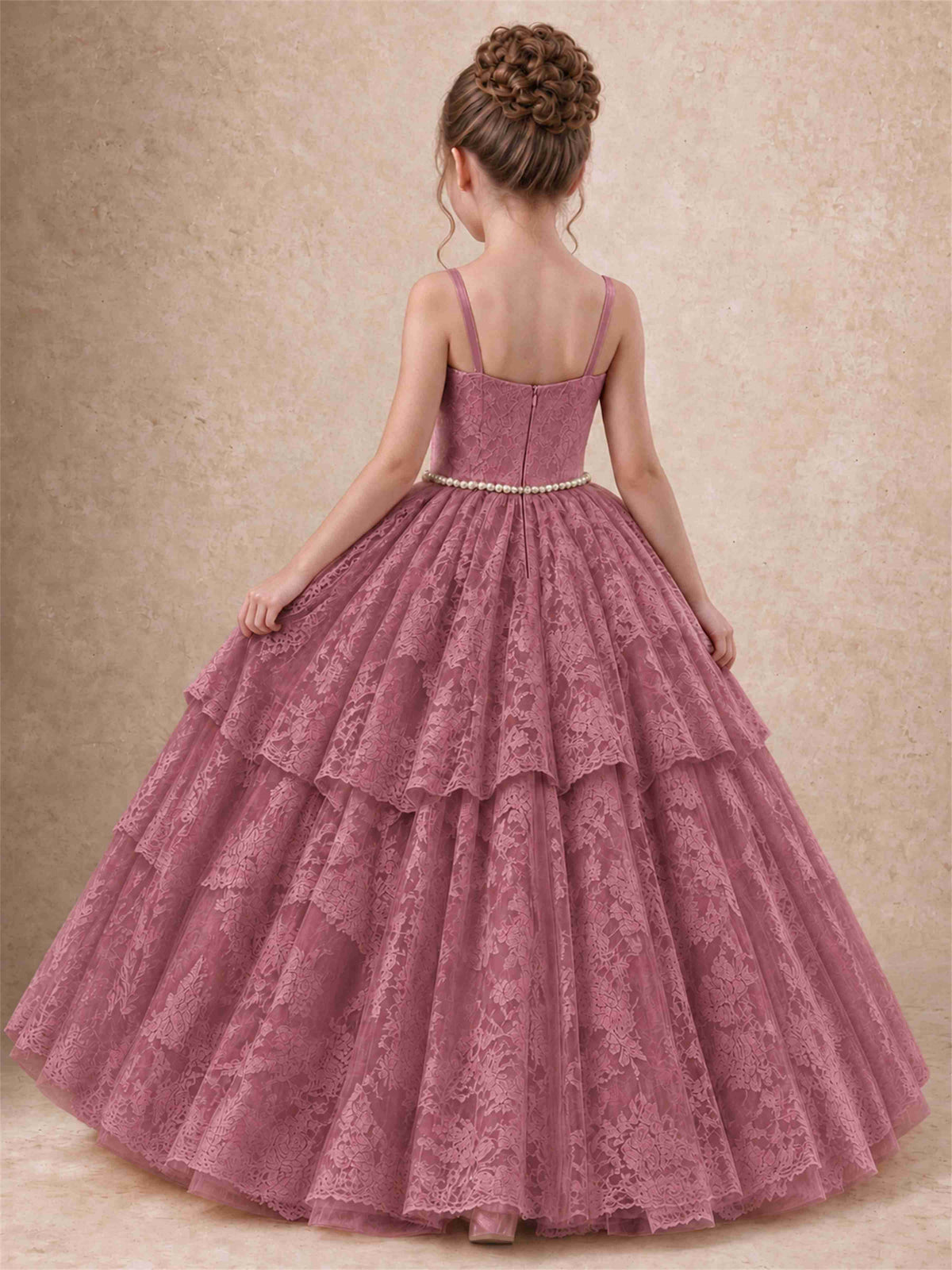 Spaghetti Strap Lace Girls Pageant Dress Tiered with Pearl Sash For Wedding Birthday Communion