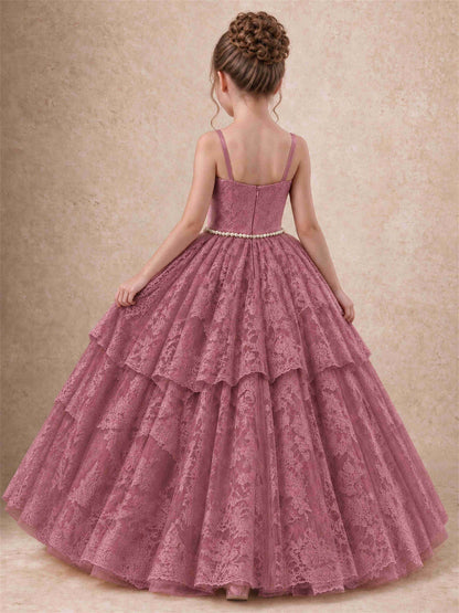 Spaghetti Strap Lace Girls Pageant Dress Tiered with Pearl Sash For Wedding Birthday Communion