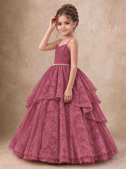 Spaghetti Strap Lace Girls Pageant Dress Tiered with Pearl Sash For Wedding Birthday Communion