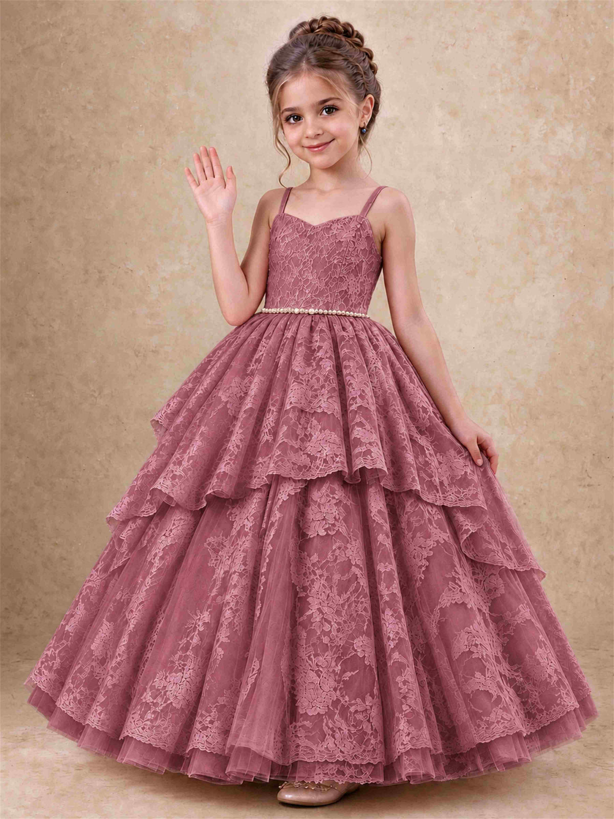 Spaghetti Strap Lace Girls Pageant Dress Tiered with Pearl Sash For Wedding Birthday Communion