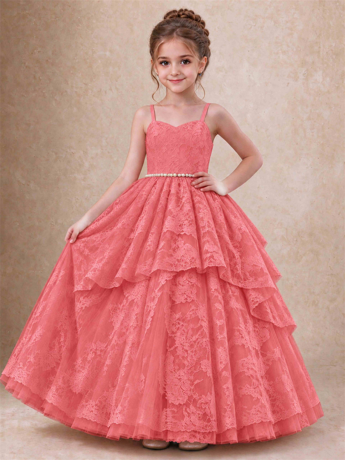 Spaghetti Strap Lace Girls Pageant Dress Tiered with Pearl Sash For Wedding Birthday Communion