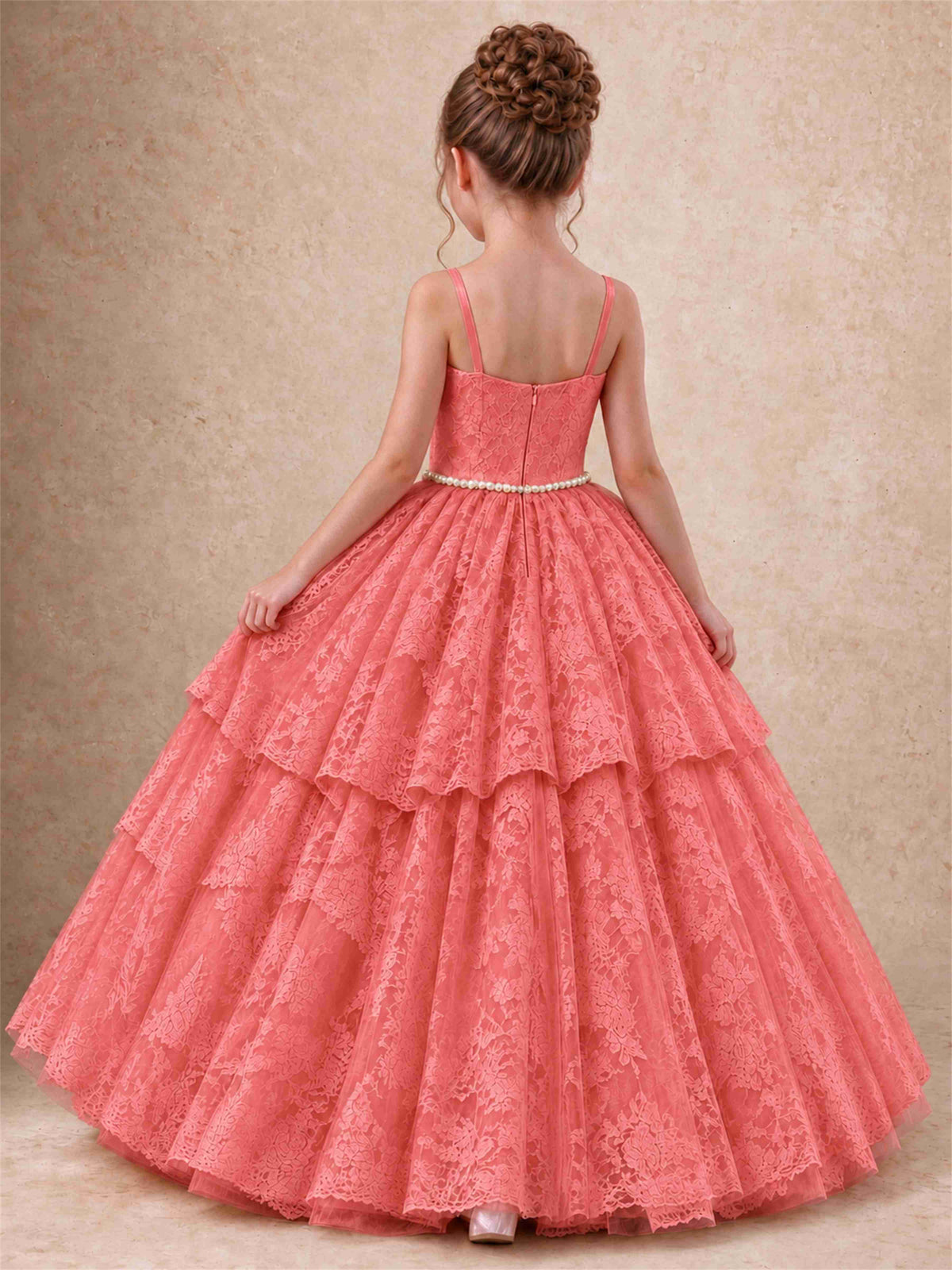 Spaghetti Strap Lace Girls Pageant Dress Tiered with Pearl Sash For Wedding Birthday Communion