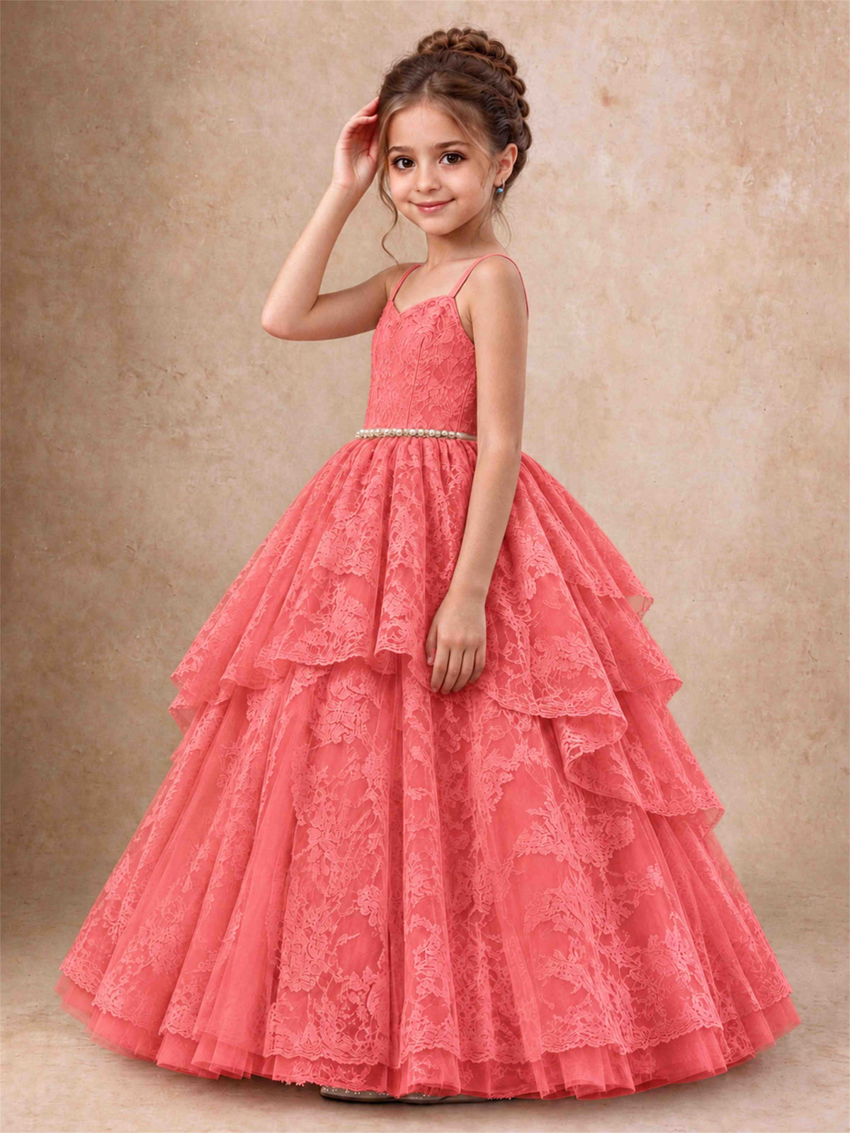 Spaghetti Strap Lace Girls Pageant Dress Tiered with Pearl Sash For Wedding Birthday Communion