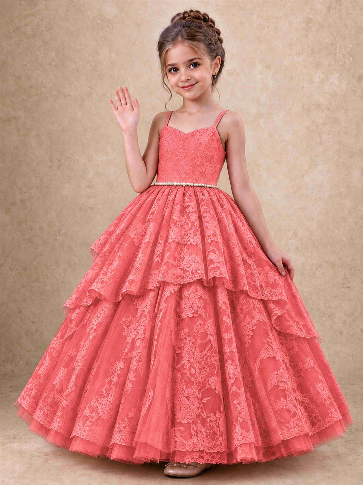 Spaghetti Strap Lace Girls Pageant Dress Tiered with Pearl Sash For Wedding Birthday Communion