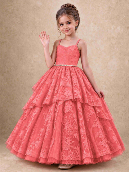Spaghetti Strap Lace Girls Pageant Dress Tiered with Pearl Sash For Wedding Birthday Communion
