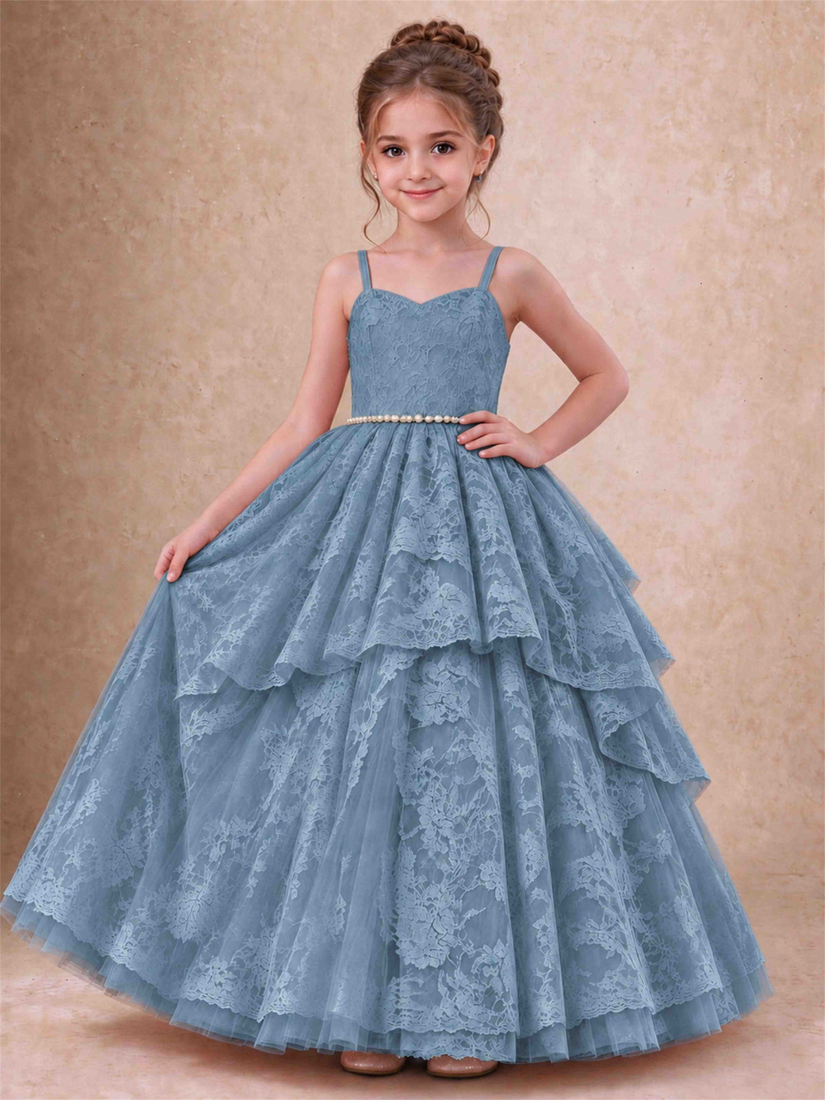 Spaghetti Strap Lace Girls Pageant Dress Tiered with Pearl Sash For Wedding Birthday Communion