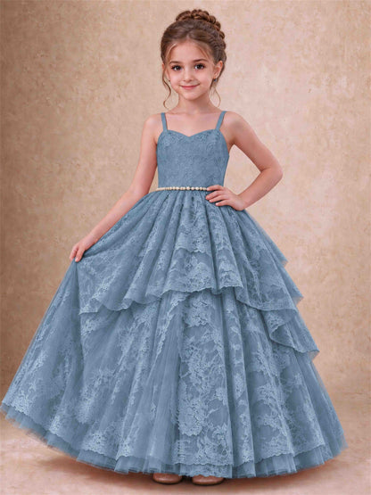 Spaghetti Strap Lace Girls Pageant Dress Tiered with Pearl Sash For Wedding Birthday Communion
