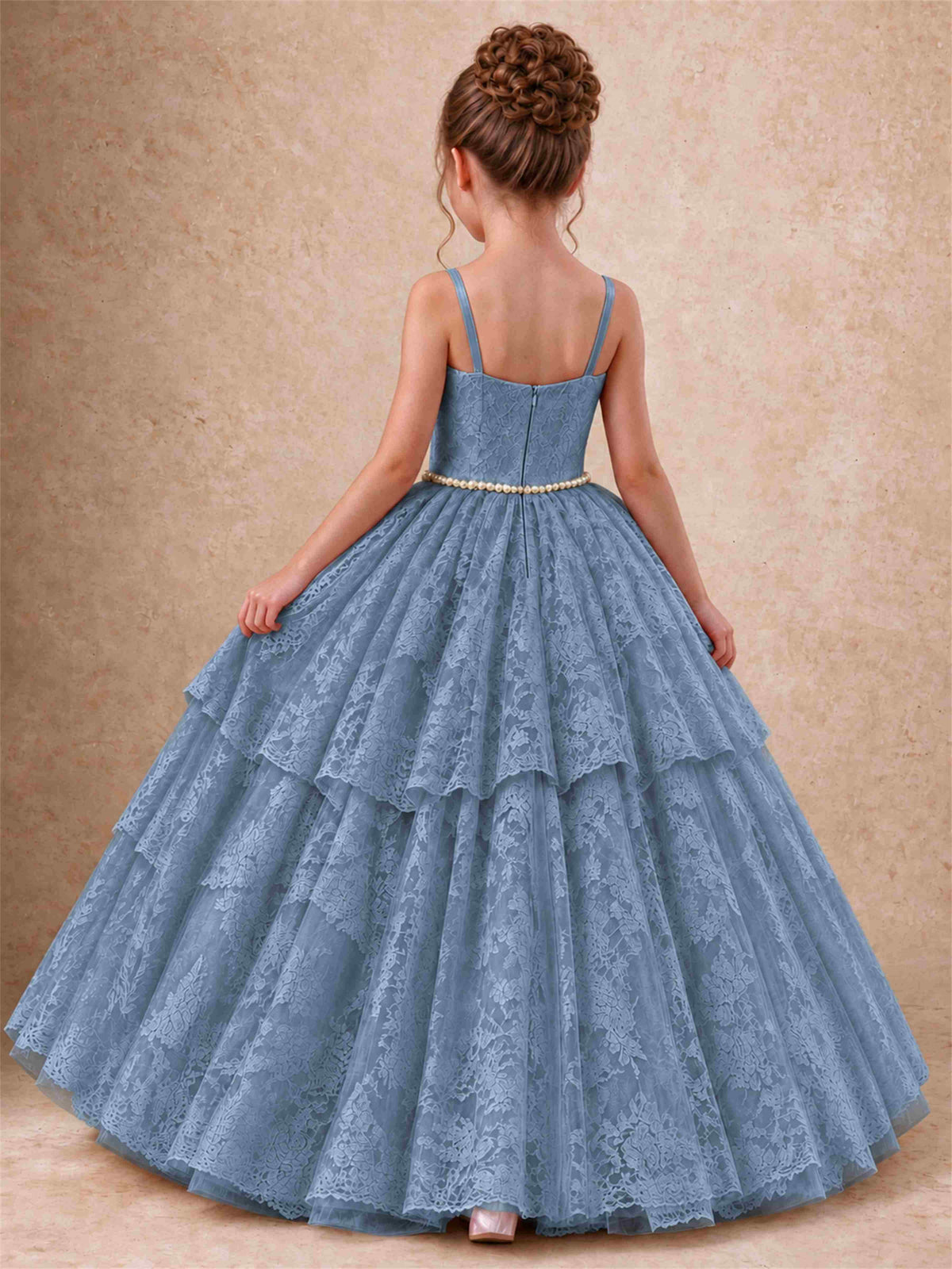 Spaghetti Strap Lace Girls Pageant Dress Tiered with Pearl Sash For Wedding Birthday Communion