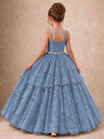 Spaghetti Strap Lace Girls Pageant Dress Tiered with Pearl Sash For Wedding Birthday Communion