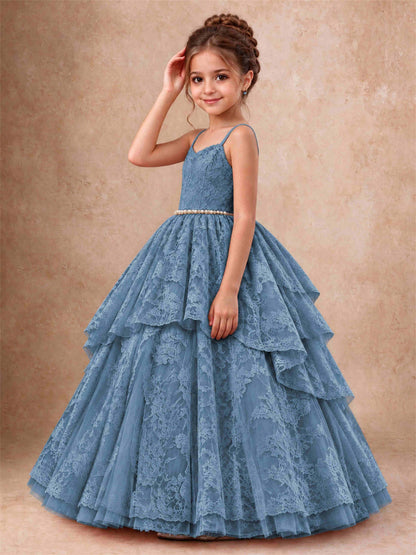 Spaghetti Strap Lace Girls Pageant Dress Tiered with Pearl Sash For Wedding Birthday Communion