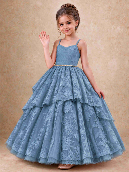 Spaghetti Strap Lace Girls Pageant Dress Tiered with Pearl Sash For Wedding Birthday Communion