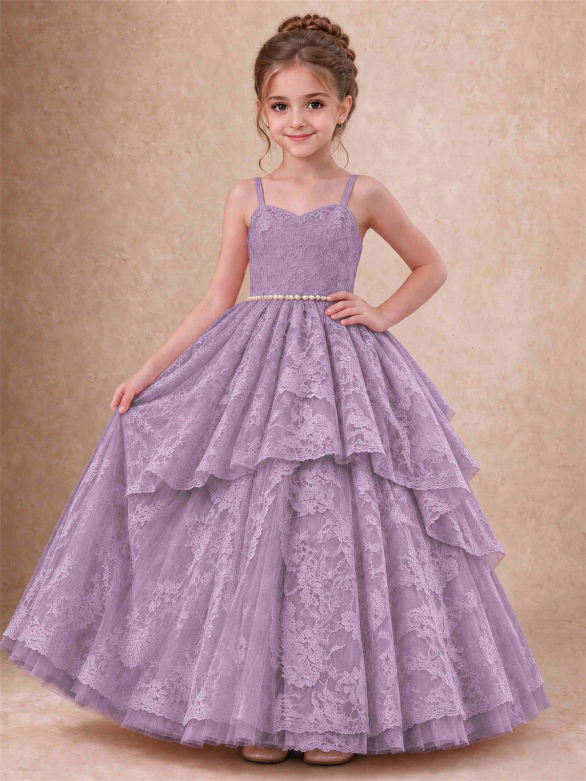 Spaghetti Strap Lace Girls Pageant Dress Tiered with Pearl Sash For Wedding Birthday Communion