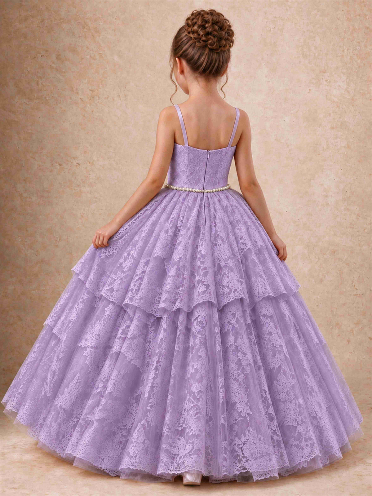 Spaghetti Strap Lace Girls Pageant Dress Tiered with Pearl Sash For Wedding Birthday Communion