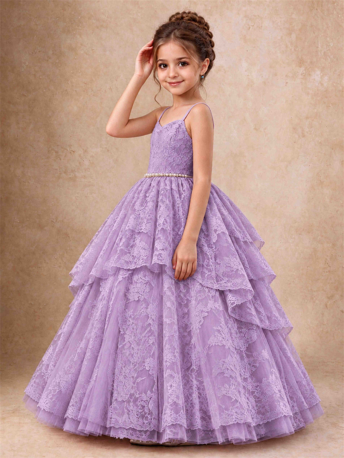 Spaghetti Strap Lace Girls Pageant Dress Tiered with Pearl Sash For Wedding Birthday Communion