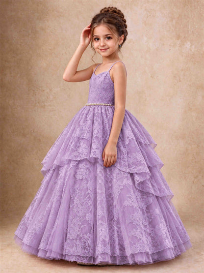 Spaghetti Strap Lace Girls Pageant Dress Tiered with Pearl Sash For Wedding Birthday Communion