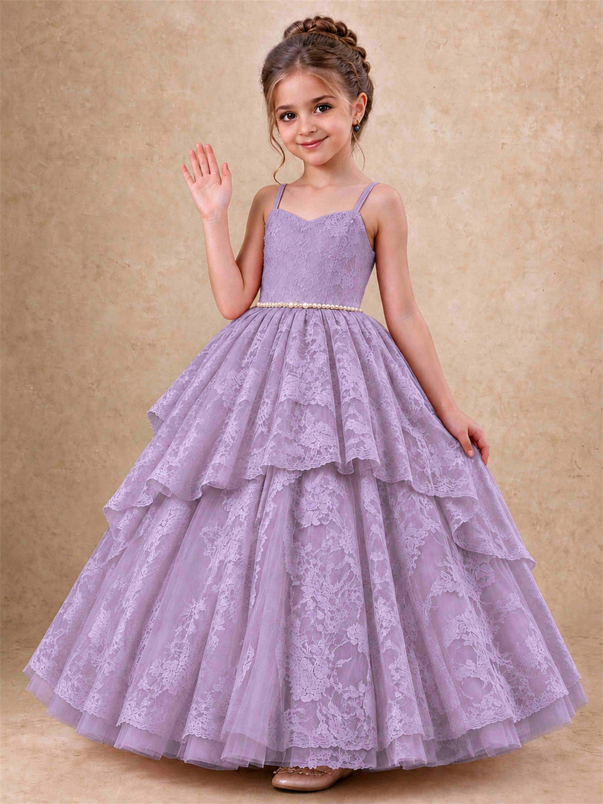 Spaghetti Strap Lace Girls Pageant Dress Tiered with Pearl Sash For Wedding Birthday Communion