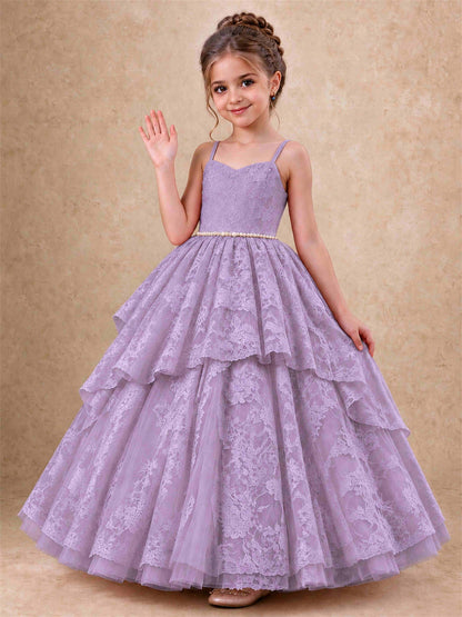 Spaghetti Strap Lace Girls Pageant Dress Tiered with Pearl Sash For Wedding Birthday Communion