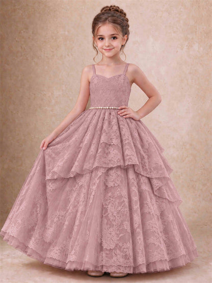 Spaghetti Strap Lace Girls Pageant Dress Tiered with Pearl Sash For Wedding Birthday Communion