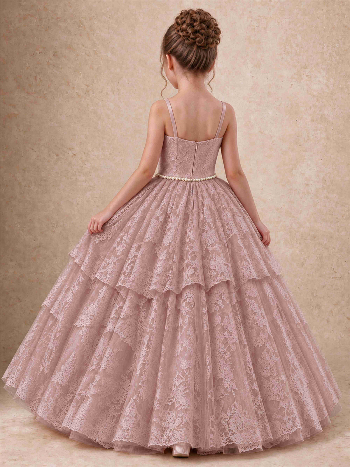 Spaghetti Strap Lace Girls Pageant Dress Tiered with Pearl Sash For Wedding Birthday Communion