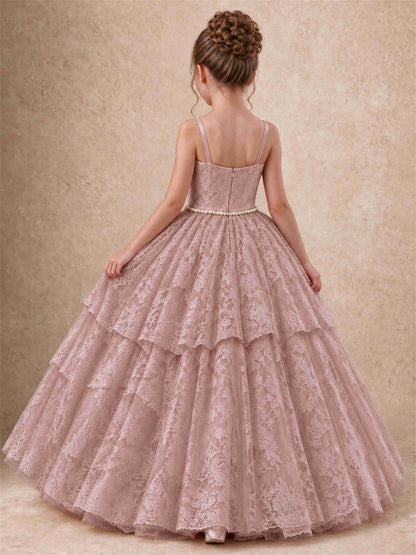 Spaghetti Strap Lace Girls Pageant Dress Tiered with Pearl Sash For Wedding Birthday Communion