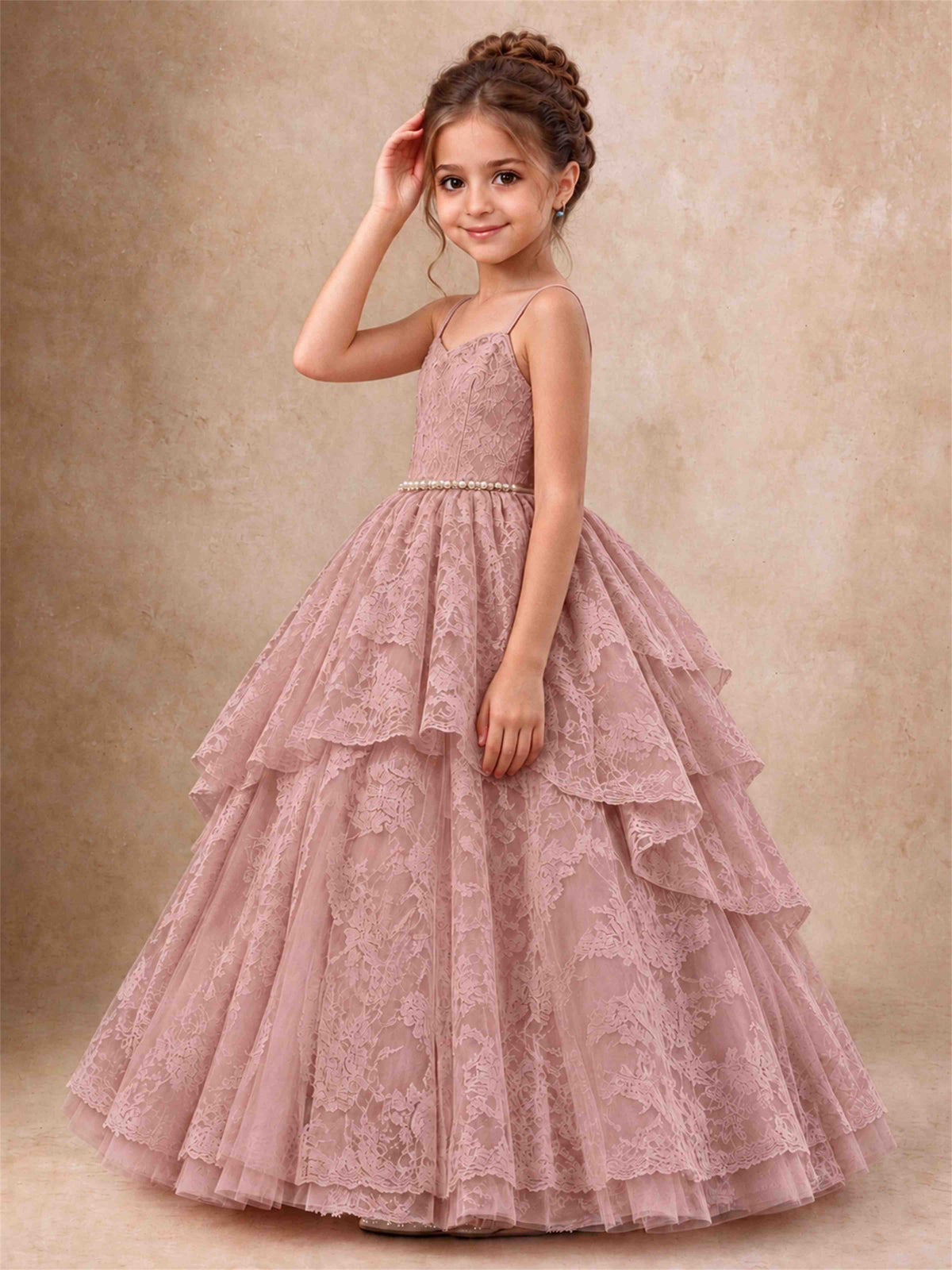 Spaghetti Strap Lace Girls Pageant Dress Tiered with Pearl Sash For Wedding Birthday Communion