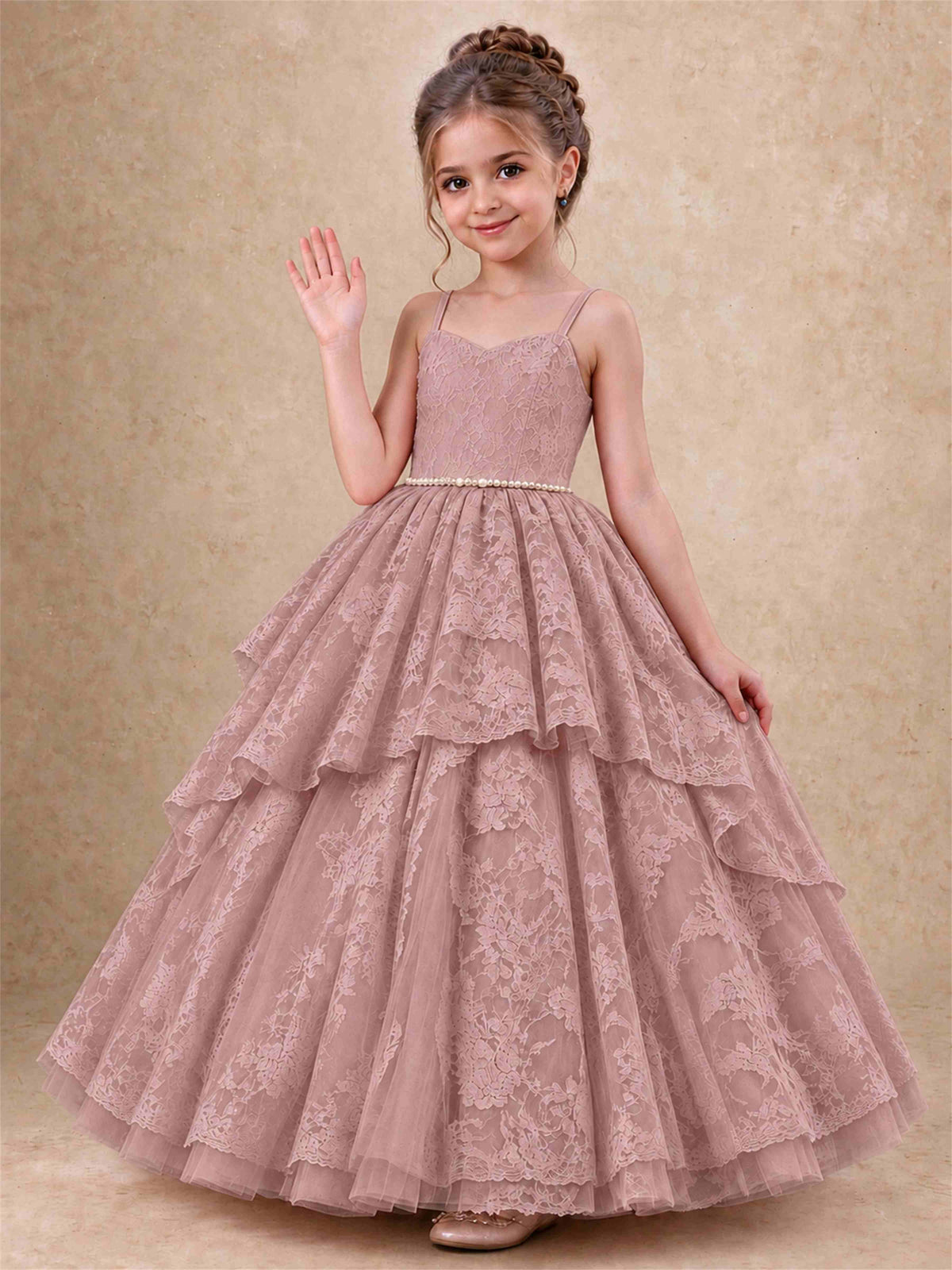 Spaghetti Strap Lace Girls Pageant Dress Tiered with Pearl Sash For Wedding Birthday Communion