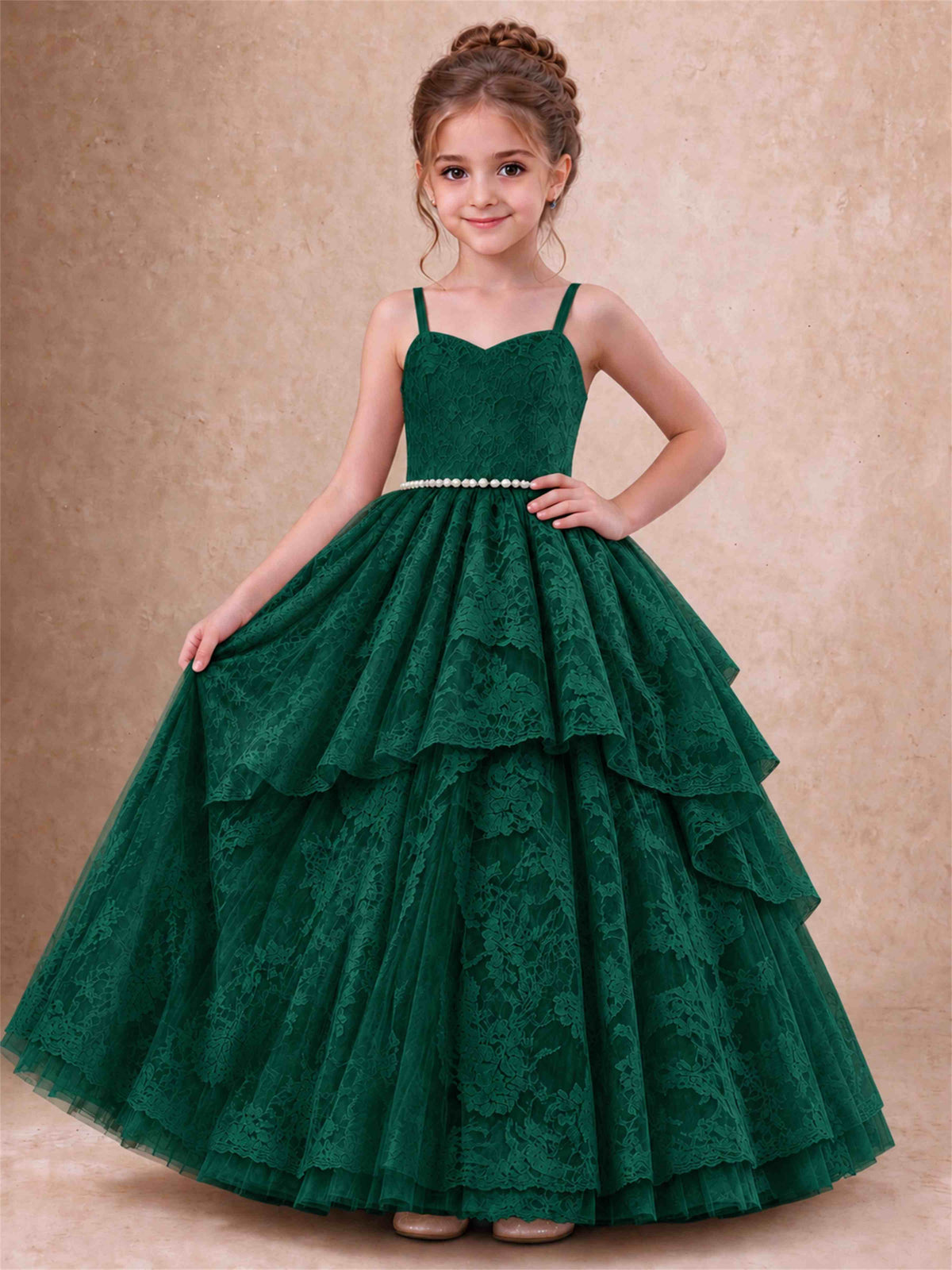 Spaghetti Strap Lace Girls Pageant Dress Tiered with Pearl Sash For Wedding Birthday Communion