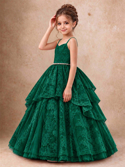 Spaghetti Strap Lace Girls Pageant Dress Tiered with Pearl Sash For Wedding Birthday Communion