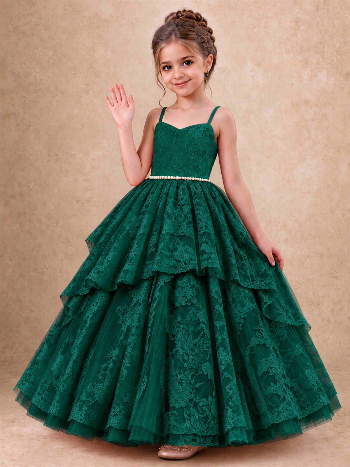 Spaghetti Strap Lace Girls Pageant Dress Tiered with Pearl Sash For Wedding Birthday Communion