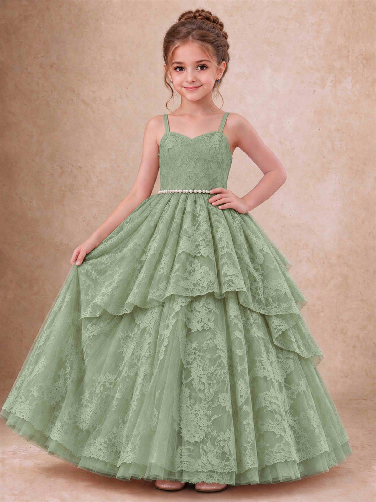 Spaghetti Strap Lace Girls Pageant Dress Tiered with Pearl Sash For Wedding Birthday Communion