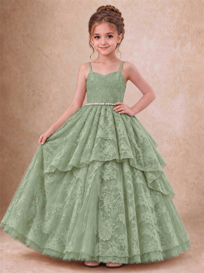 Spaghetti Strap Lace Girls Pageant Dress Tiered with Pearl Sash For Wedding Birthday Communion