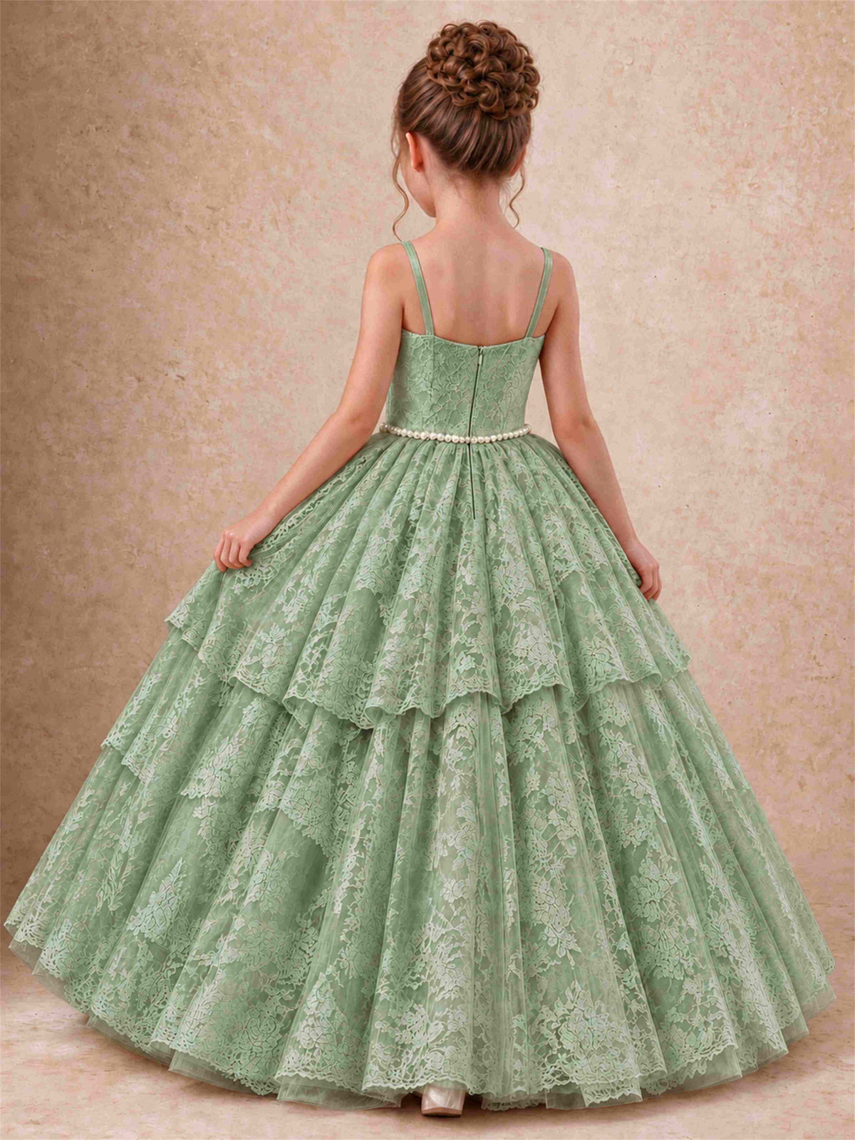 Spaghetti Strap Lace Girls Pageant Dress Tiered with Pearl Sash For Wedding Birthday Communion